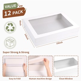 PFAMKEER 12pcs 19x14x4 inch Cake Boxes with Window，White Rectangle Sheet Large Bakery Boxes for Pastry Dessert Cake, Cupcakes Donuts Cookies Pie Treat Packaging