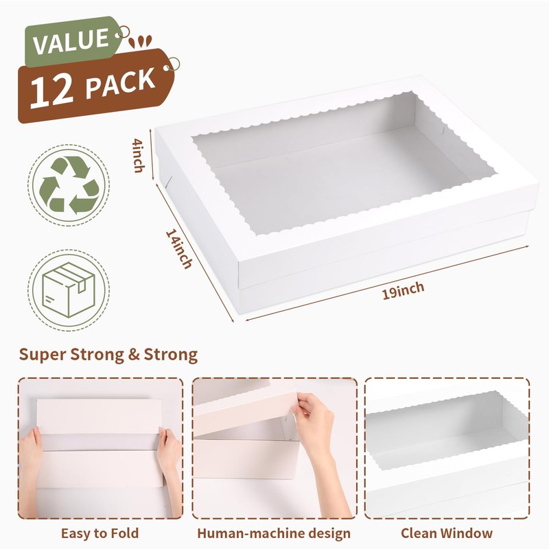 PFAMKEER 12pcs 19x14x4 inch Cake Boxes with Window，White Rectangle Sheet