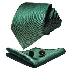 CANGRON Men Long Dark Green Tie Set 63" XL Necktie with Pocket Square Cufflinks Giftbox LSCLSL