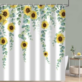 GKLEASG Eucalyptus Sunflower Shower Curtain Sage Green Spring Watercolor Leaves Farmhouse Leaf Plant Bathroom Curtains Waterproof Fabric Bathtub Curtains Set with Hooks 72"x72"