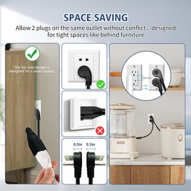 Flat Plug Extension Cord, 1 Feet 1875W Short Extension Cord 13A 16AWG UL Listed 3-Prong Grounded Heavy Duty Power Extension Low Profile Outlet Saver Extension Cords Cable - Black