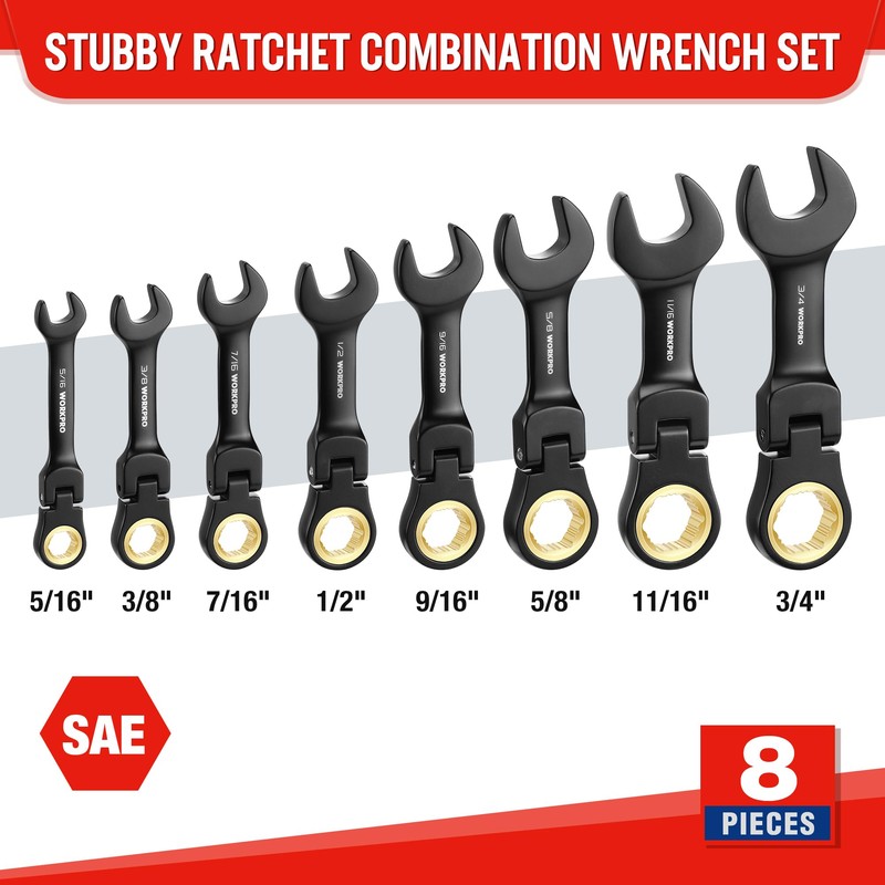 WORKPRO 8-Piece Stubby Anti-slip Ratcheting Combination Wrench Set, SAE 5/16-3/4