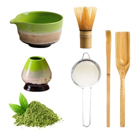 6 Pieces Matcha Set, Ceramic Matcha Bowl with Spout, Complete Matcha Tea Set Whisk Starter Kit for Beginners and Enthusiasts (Gradient Green)