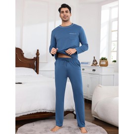 Litherday Men's Pyjamas Sets Long-Sleeve Cotton Pjs Set 2 Piece Loungewear Nightwear Tops and Bottoms with Pockets Cobalt Blue