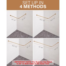 Crkmire Gold Corner Shower Curtain Rod, [24"-53"] x [24"-53"] Adjustable L Shaped Shower Rod No-Sagging 90 Degree Curved Curtain Rod for Bathroom Bathtub with 12 Ring Hooks & Ceiling Support