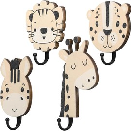 TOMVAES 4 Pcs Wooden Animal Wall Hooks, Animal Shape Linked, Boxwood Giraffe Lion Hanger, Decorative, for Living Room, Bathroom, Bedroom, Home Decor