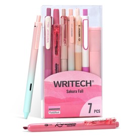 WRITECH Gel Pens Journaling Highlighters: Journal Set Aesthetic Assorted Pastel Color Ink 0.5mm Fine Point Retractable 0.7mm Black Pen Smooth Writing Drawing No Bleed 7ct (Pink)