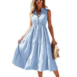 BROVAVE Womens 2025 Summer Sleeveless Shirt Dress Collar Striped V Neck Casual Midi Dresses(Light Blue, XL)