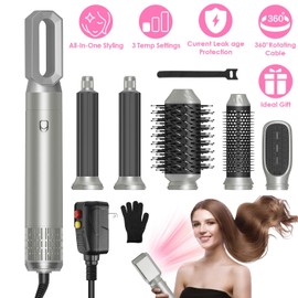 6 in 1 Hot Air Styler Volumizer Straightener Curler Dryer Automatic Wrap Styler Hair Dryer Brush Set with 3 Temp Settings ALCI Plug Glove Cable Zip Tie
