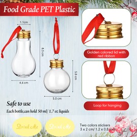 Jinei 12 Pieces Christmas Booze Balls Christmas Fillable Booze Light Bulb Containers Clear Plastic Christmas Ornaments Balls with Drink Me Stickers for Home Christmas Tree Party Decoration, 50 ML
