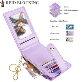Womens Slim RFID Blocking Leather Wallet Cute Small Multi Card Organizer Bifold Wallet with Keychain, Purple, with Keychain, Compact
