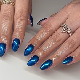 Royal Blue Nails Press on, Blue Medium Short Oval Round Chrome Press on Nails, SXVME Metallic Glue on Nails Short Fake Nails, Thick Mirror Acrylic False Nails, Shiny Stick on Nails for Women 24Pcs