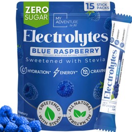 Zero Sugar - Blue Raspberry Electrolytes Powder - Refreshing Hydration - Caffeine Free Energy - All Natural Ingredients - Vegan, Keto and Paleo - Sugar Free Electrolyte Powder Drink Mix - 15 count