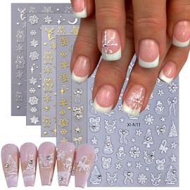 6 Sheets Christmas with Rhinestones Nail Art Stickers 3D Self-Adhesive Gold Silver Elk Snowflake Nail Stickers Glitter Christmas Tree Nail Decals Acrylic Nail Supplies for Women Girls Nail Decoration