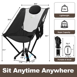 MTRVR High Back Folding Camping Chair for Big Tall Adults, Heavy Duty 600 lbs Capacity, No Installation Needed, Thickened Aluminum Frame and Rubber Feet, Black Oversize Portable Camp Chair for Outdoor