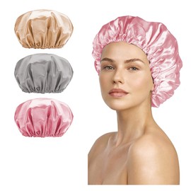 3 Piezas Gorros De Baño Impermeable Satinado Para Mujer Para El Cuidado Del Cabello, Bonnet Reutilizable,Ajustable De Doble Capa Protector Para Ducha, Dormir y Belleza Para Cabello Largo