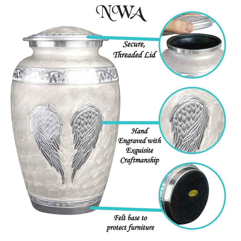 White Angel Wings Funeral Cremation Urn with Mathcing Keepsake Velvet