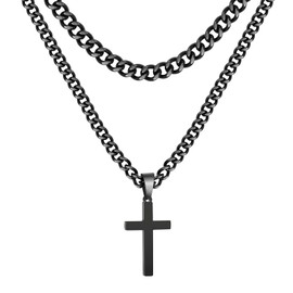Zocomi Black Layered Cross Necklace for Boys Men Stainless Steel Cross Pendant Cuban Link Chain Religious Christian Gift