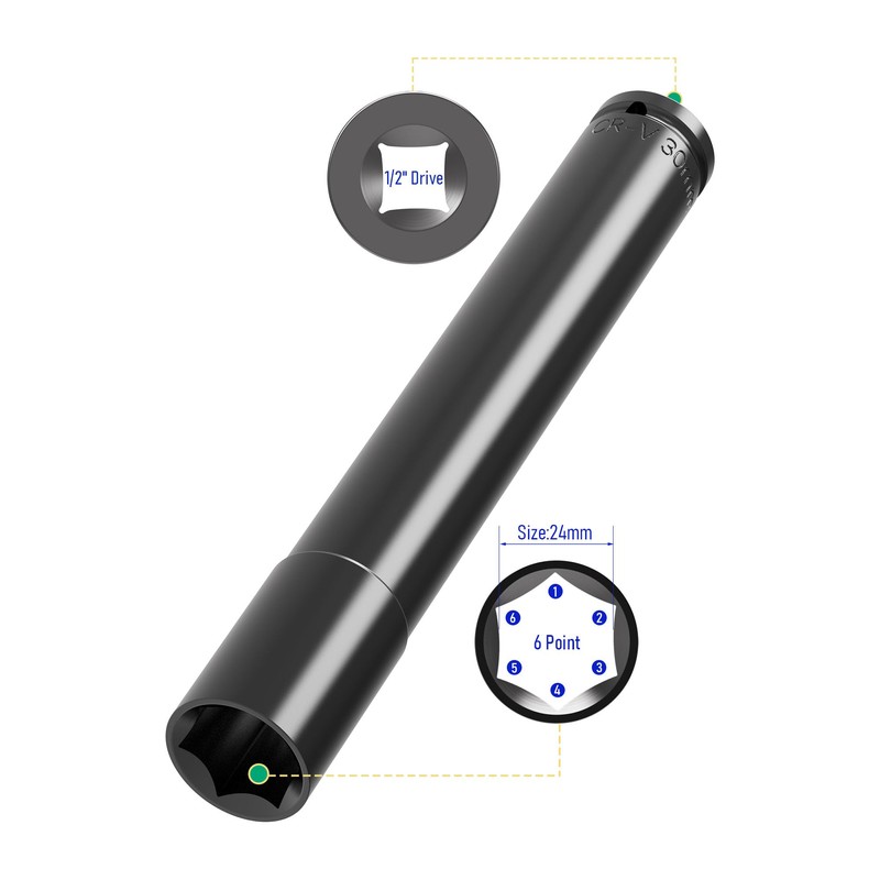 FOCMKEAS 1/2 Inch Drive by 30mm Deep Impact Socket, Heat-Treated