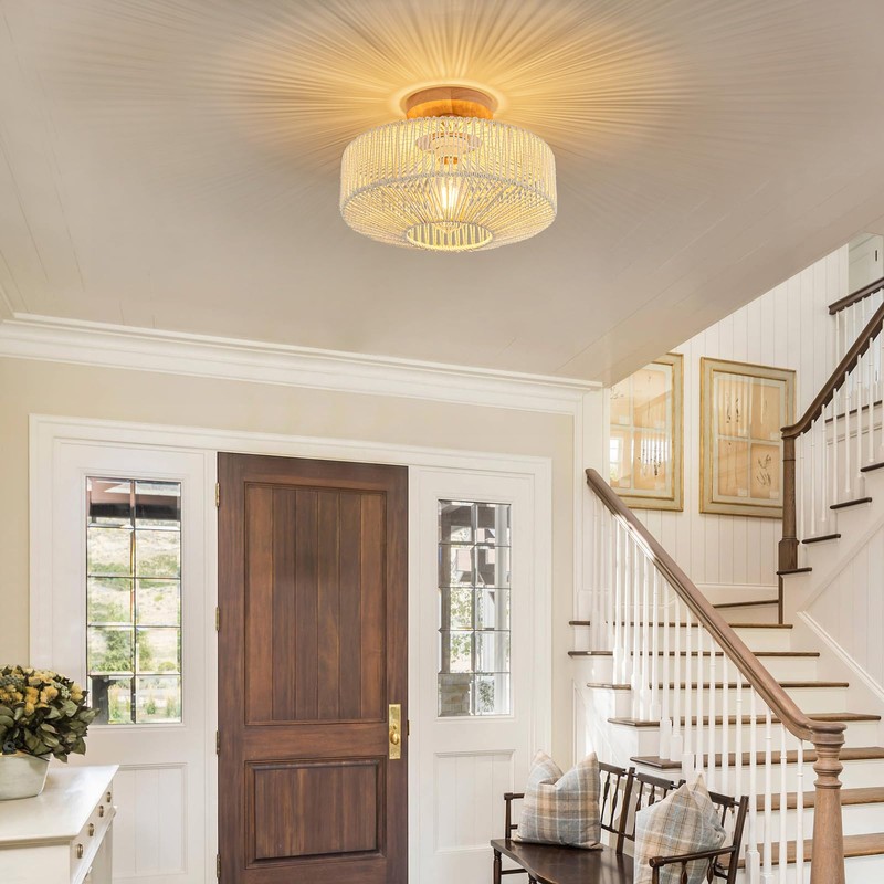 Rattan Light Fixtures Ceiling Flush Mount Boho Chandelier Bedroom Chandelier