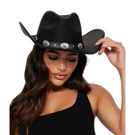Womens Western Cowboy Hats Studded Pinched Western Cowgirl Hats Wide Brim Fedoras Hat with Belt Buckle (Size:Medium) Black