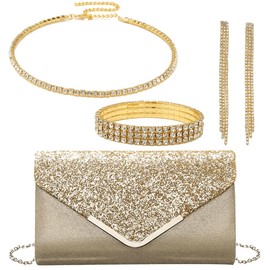 OUAYEMEL Women Glitter Envelope Clutch Bag Sequins Evening Wedding Handbag Purse Bridal Prom Party Shoulder Bags Elegant 4 piece Rhinestone Jewelry Set for Women Gold