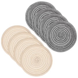 sourcing map 8 Pcs Round Woven Placemats, 7 Inch Braided Washable Placemat Heat Resistant Decorative Place Mat for Kitchen Dining Table Countertop, Beige/Gray