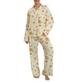 Women 2 Piece Floral Pajamas Lounge Set Y2k Long Sleeve Button Down Shirts Wide Leg Pants Pjs Matching Sets Fall Sleepwear 24_Papaya_Yellow,Medium