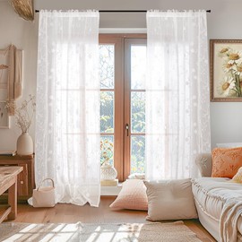 YoungsTex Linen Sheer Curtains 84 Inches Length for Living Room, Rod Pocket White Light Filtering Drapes with Embroidered Lace Pattern for Bedroom Dining Room Modern, 2 Panels, 52 X 84 Inch