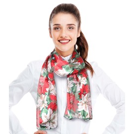 CBC Crown Christmas Scarf - Christmas Theme Candycane, Poinsettia Scarf Accessories, 13" x 60" Inches, Made In Korea (Poinsettia-Silver Multi)