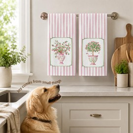 Pink Chinoiserie Floral Kitchen Towels, Grandmillennial Flower Dish Tea Towels, Cottagecore Botanical Striped Decorative Hand Towel for Kitchen Bathroom, 16x24 Inch Set of 2
