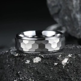 King Will HAMMER 8mm Silver Tungsten Ring Hammer Comfort Fit Faceted Men Wedding Band Polished Step Edge 9