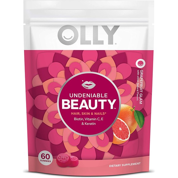 OLLY Undeniable Beauty Gummy, 30 Day Supply (60 Gummies), Grapefruit Glam, Biotin, Vitamin C, Keratin, for Hair, Skin, Nails, Chewable Supplement