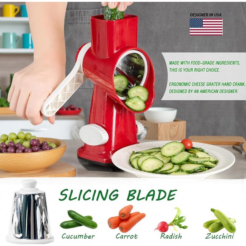 Eleko Meyar Cheese Grater with Handle, Multifunctional Manual Rotary Cheese