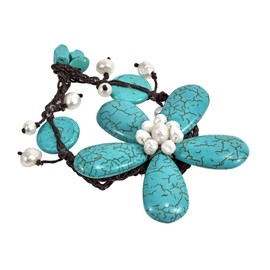 AeraVida Simulated Turquoise and Cultured Freshwater White Pearl Flower Organic Bracelet