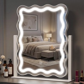 Gerrii Scalloped Vanity Mirror with 3 Color Dimmable,15" x 12.6" LED Lighted Makeup Mirror Smart Touch Screen, Wave Makeup Mirrors 360°Rotation Tabletop for Bedroom Bathroom