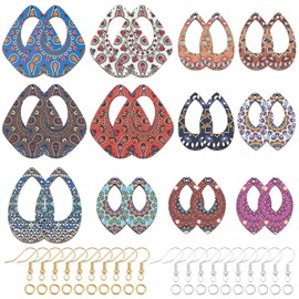 CRAFTYMELODY Wooden Dangle Earring Making Kit for Jewelry Making with 48Pcs 12 Style Wooden Colorful Pendants Teardrop Charms 48Pcs Earring Hook 100Pcs Jump Rings Gold Silver Earring Findings