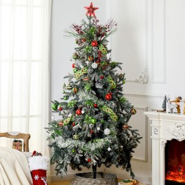 ShinyRelief 129 Pcs Christmas Tree Decorations Set Christmas Tree Ball Ornaments Plastic Snowflake Ornament Glitter Poinsettia Xmas Flowers Berry Tinsel Star Tree Topper (Red-Green,Bright Style)