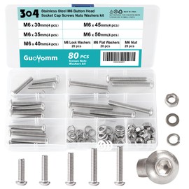 GuoYomm 80 PCS M6 x 30mm 35mm 40mm 45mm 50mm, Button Head Socket Cap Screws Bolts Washers Nuts Assortment Kit, Stainless Steel 304, Metric Allen Hex Drive