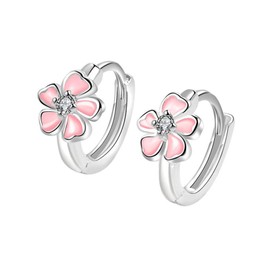 Tiny Flower Small Hoop Earrings for Women Dainty Crystal Pink Cherry Blossom Flowers Huggie Hoop Earrings Small Cartilage Helix Earring Sterling Silver Plated Hypoallergenic Wedding Jewelry for Girlfriend