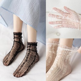 Ekieta Women's Summer Lace Socks, Lace Socks, Cute, Transparent Lace Socks, Lolita, Breathable, Embroidered, High Quality, Casual Socks, Spring and Summer, Thin, L-Black