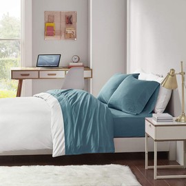 Cotton Blend Jersey Knit Queen Bed Sheets , Coastal Cotton Bed Sheet , Teal Bed Sheet Set 4-Piece Include Flat Sheet , Fitted Sheet & 2 Pillowcases