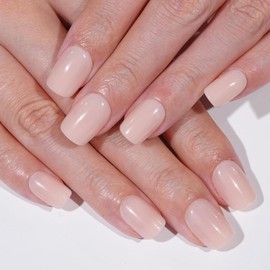 Frinail Nude Pink Press on Nails Short Square, Pure White Jelly Soft Gel Nails Square Fake Nails, Glossy Stick Glue on Nails Kit for Women, Reusable Stick on Acrylic Fake Nails Manicure Set