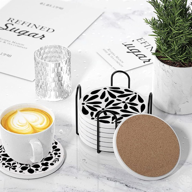 Aowced Drink Absorbent Coasters with Holder Set of 6, Ceramic