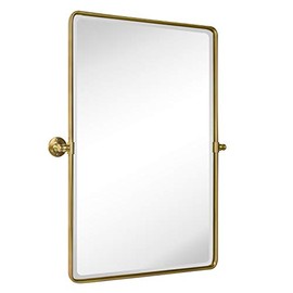 TEHOME 27 x 35'' Farmhouse Brush Gold Metal Framed Pivot Rectangle Bathroom Mirror Tilting Beveled Vanity Mirrors for Wall