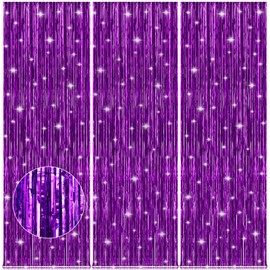 Accevo 3Pack Purple Party Streamers 3.2ft x 8.2ft Foil Fringe Curtain Metallic Streamer Curtains Mermaid Themed Birthday Party Decorations Tinsel Curtain for Parties Streamers for Photoshoot Decor