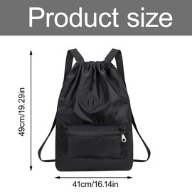 Waterproof Drawstring Bags, String Backpack, Drawstring Gym Sport Bag, String Waterproof Pocket Zipper Sack Backpack, Travel Kit Bag for Hiking School Students, for Women Men, Black