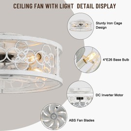 Oaks Aura 20 Inch Caged Ceiling Fans with Lights, Fandelier Ceiling Fan with Remote,4 Bulbs,6 Speed,Low Profile Ceiling Fan Light Fixture for Bedroom,Kitchen,Kids Room (Distressed White-BD2073)