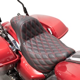 Mofun Motorcycle Driver Passenger Seat One-Piece Two Up Seat PU Leather Compatible with Harley Touring Road King Road Electra Street Glide 2008-2023, Red Stitching