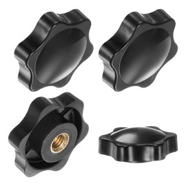 M METERXITY 4-Pack 6 Star Knobs, M6 Female Thread 38mm Hexagon Head Blind Hole Clamping Grip Handles for Machinery/Electronic/Woodworking, Brass Screw-On Threaded Knob [Black]